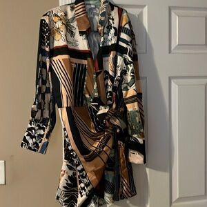 SATIN PRINTED WRAP LONG SLEEVE DRESS